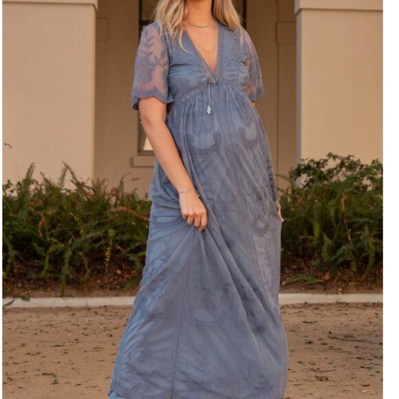 PinkBlush Blue Lace Mesh Overlay Maternity Maxi Dress - Picture 1 of 6